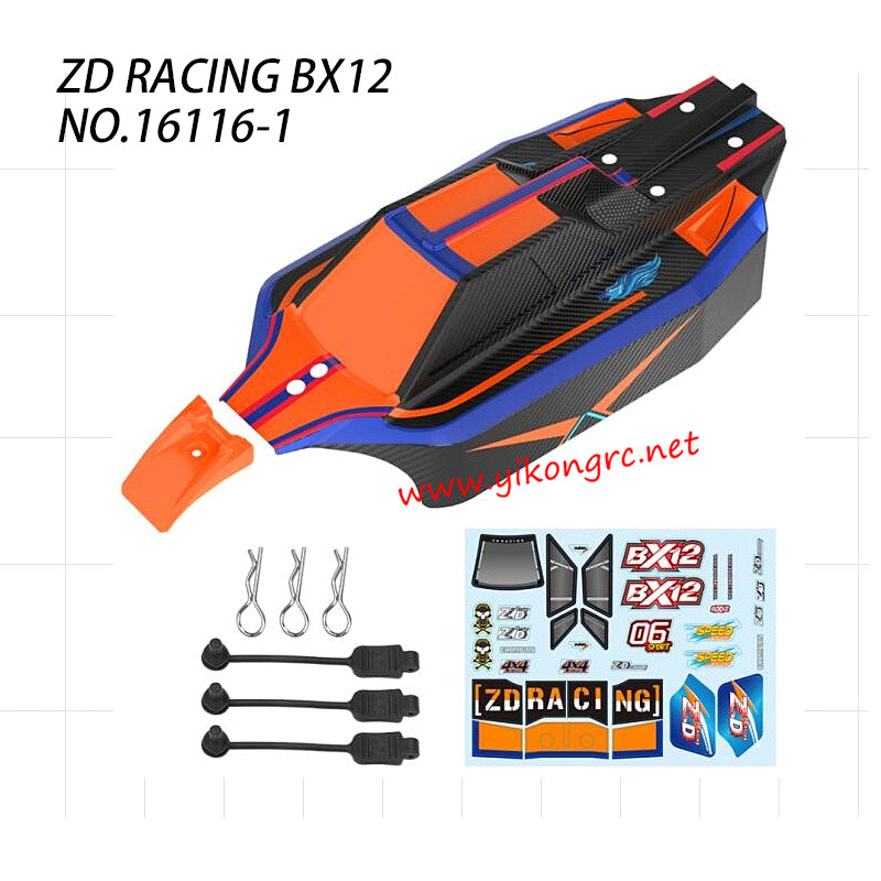 ZD Racing BX-12 Parts Black Body Shell PVC, Magic Sticker Orange 16116-1