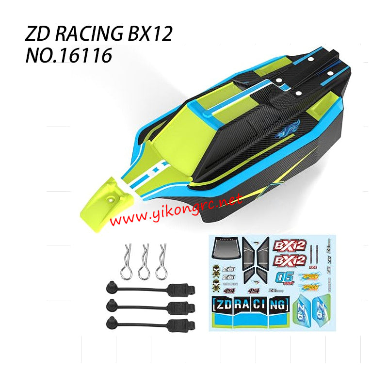 ZD Racing BX12 Parts Black Body Shell PVC, Magic Sticker Green 16116