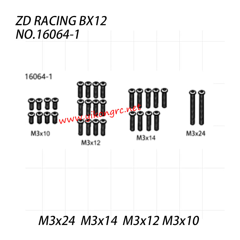 ZD Racing BX12 RC Truck Parts M3x24 M3x14 M3x12 M3x10 Screws Set 16064-1